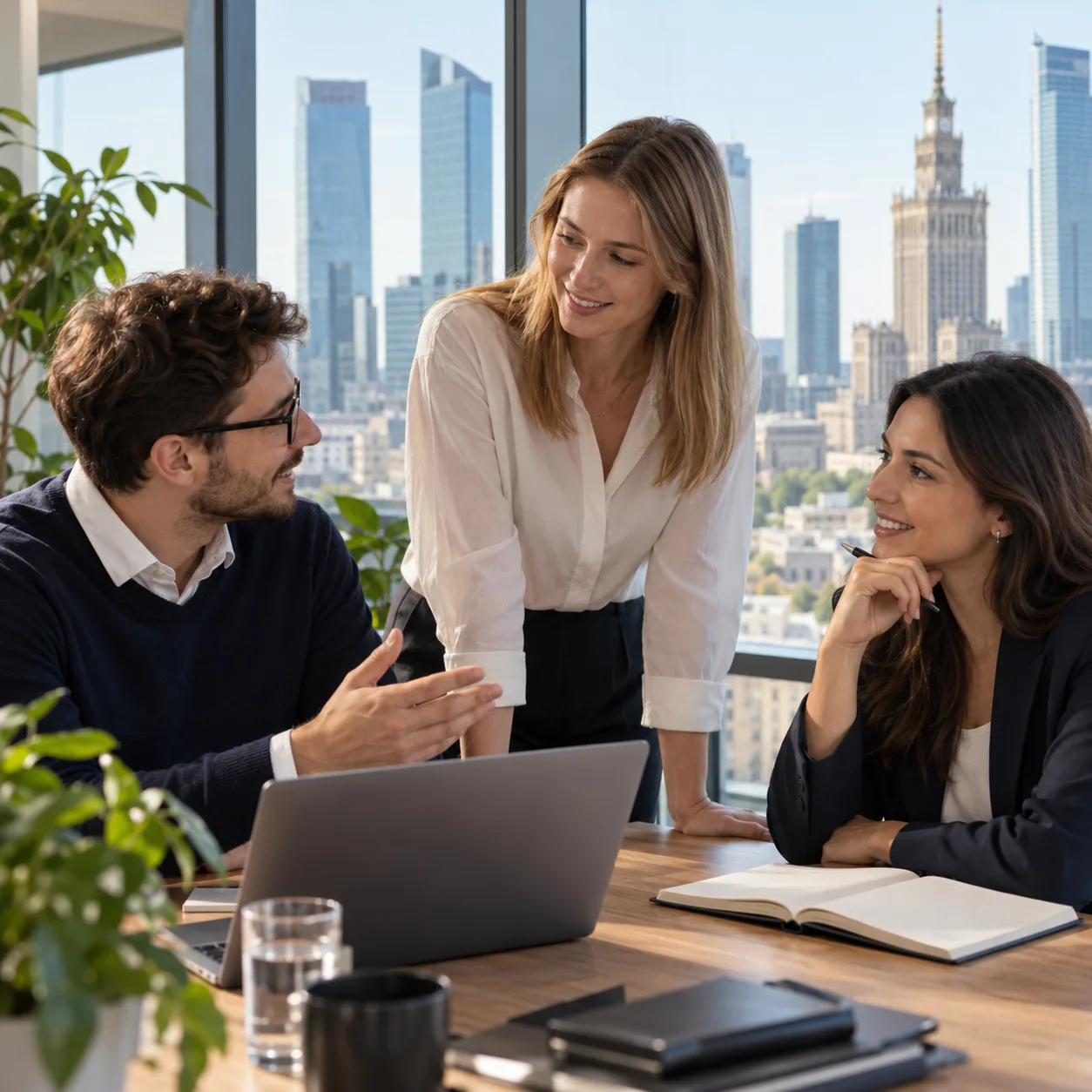 Three professionals discussing a hiring plan in an office in Warsaw