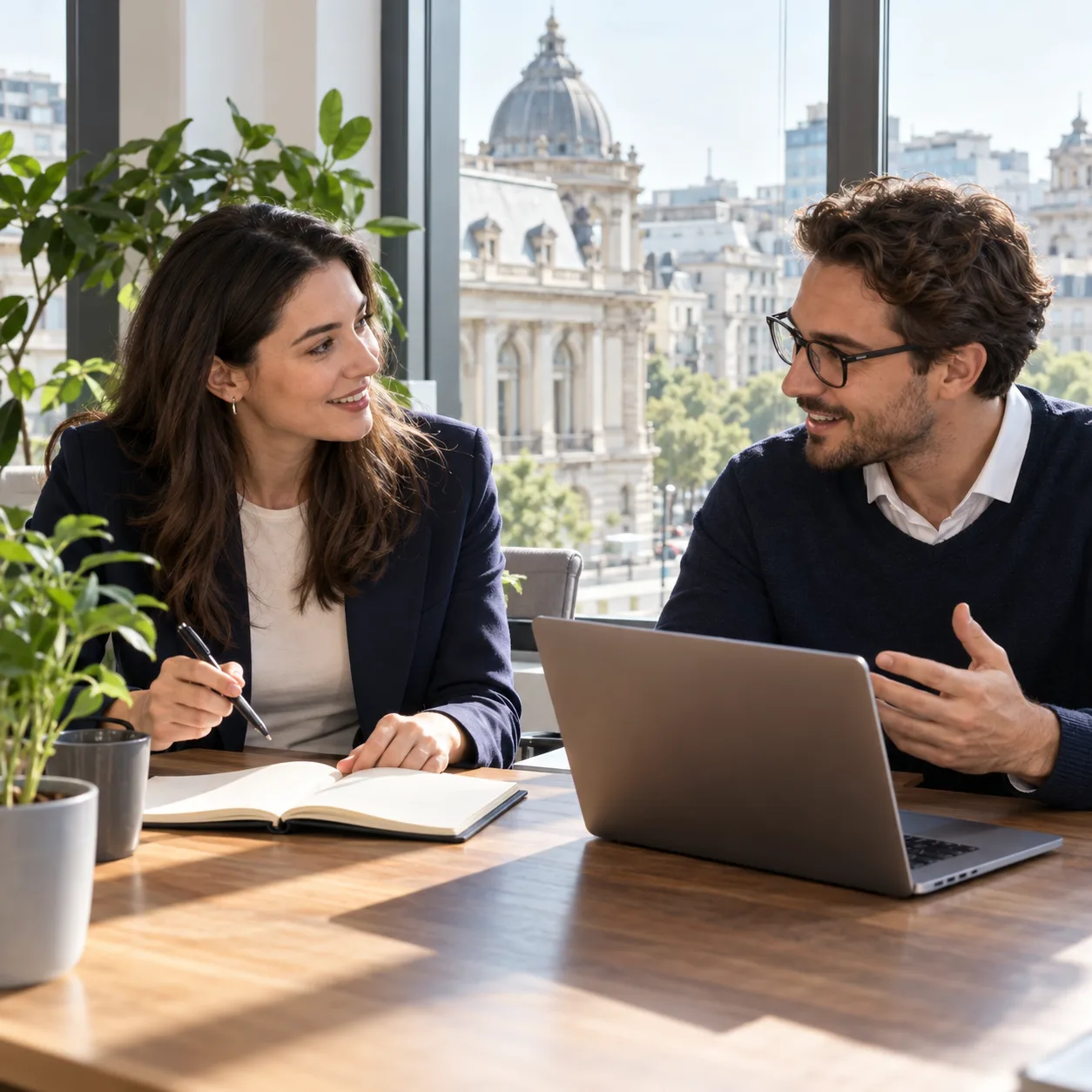 Two professionals discussing a hiring plan in an office in Bucharest