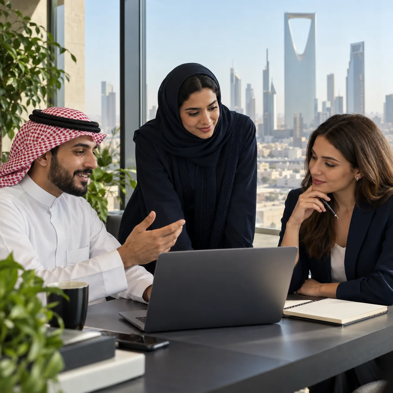 Three professionals discussing a hiring plan in an office in Riyadh