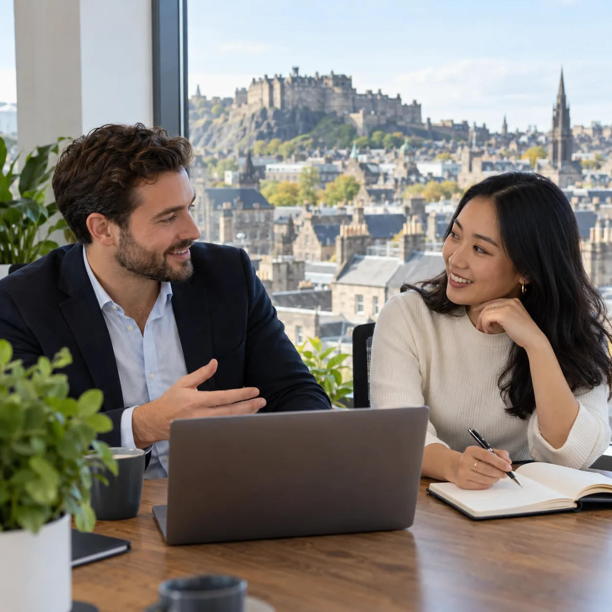 Two professionals discussing a hiring plan in an office in Edinburgh
