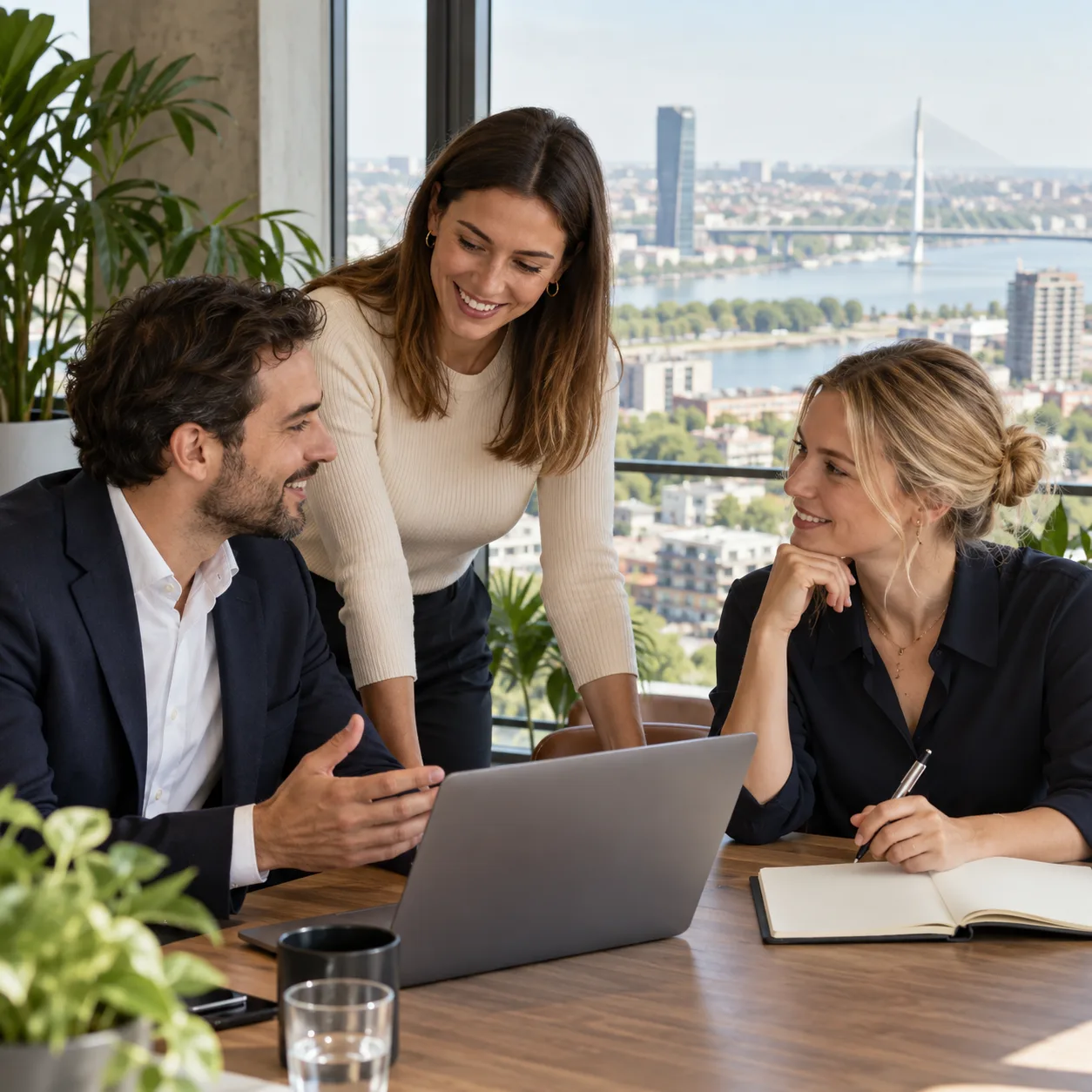 Three professionals discussing a hiring plan in an office in Belgrade