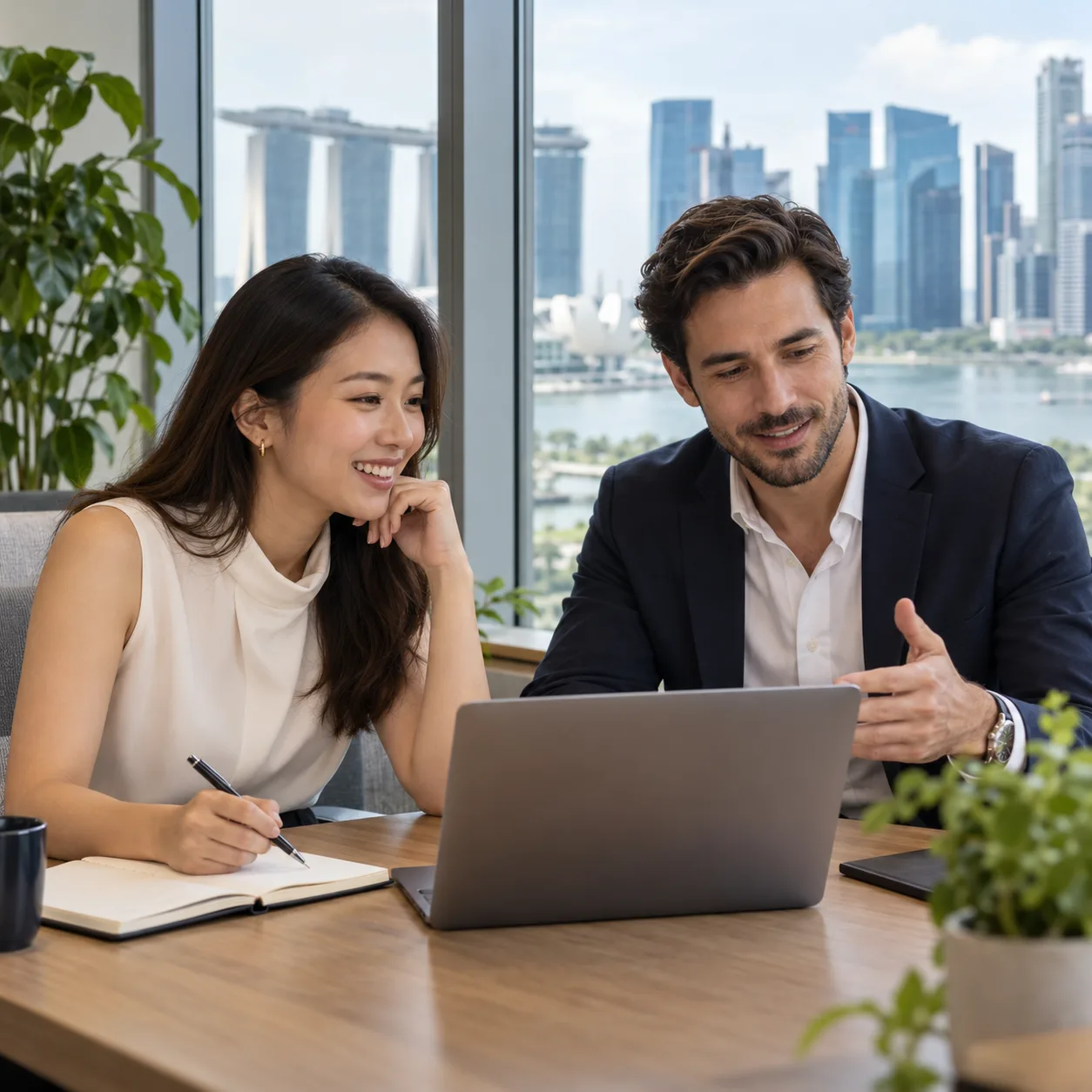Two professionals discussing a hiring plan in an office in Singapore