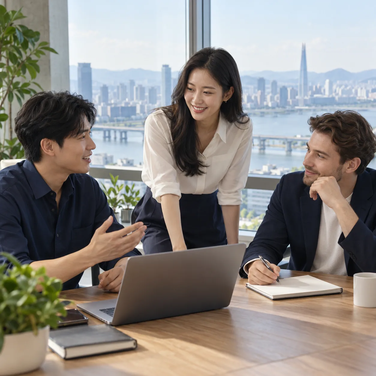 Three professionals discussing a hiring plan in an office in Seoul