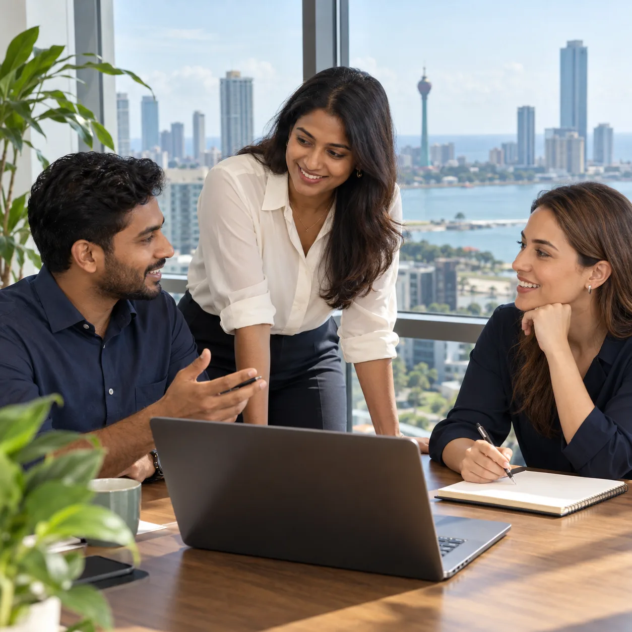 Three professionals discussing a hiring plan in an office in Colombo