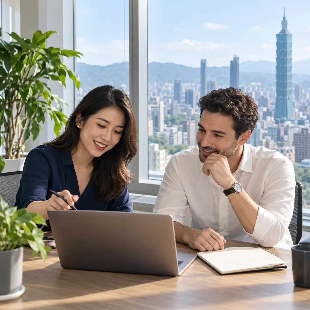 Two professionals discussing a hiring plan in an office in Taipei