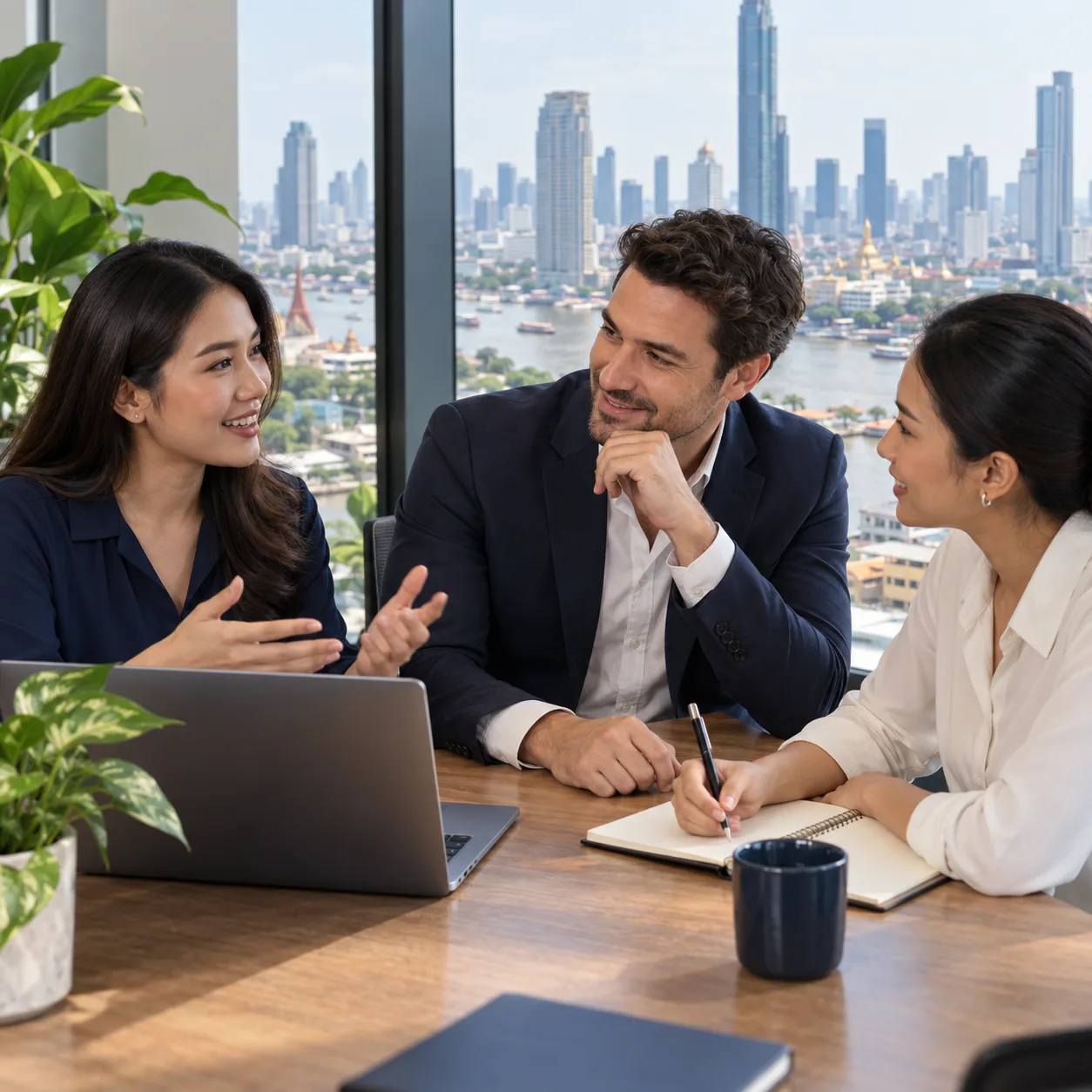 Three professionals discussing a hiring plan in an office in Bangkok