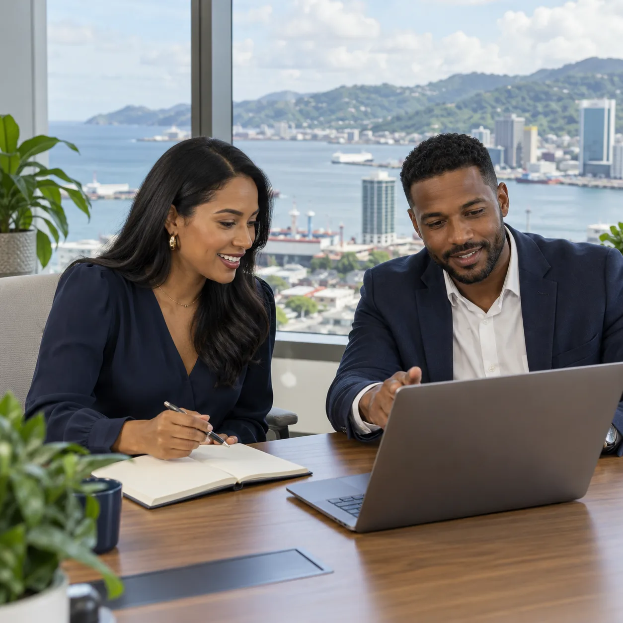 Two professionals discussing a hiring plan in an office in Port of Spain