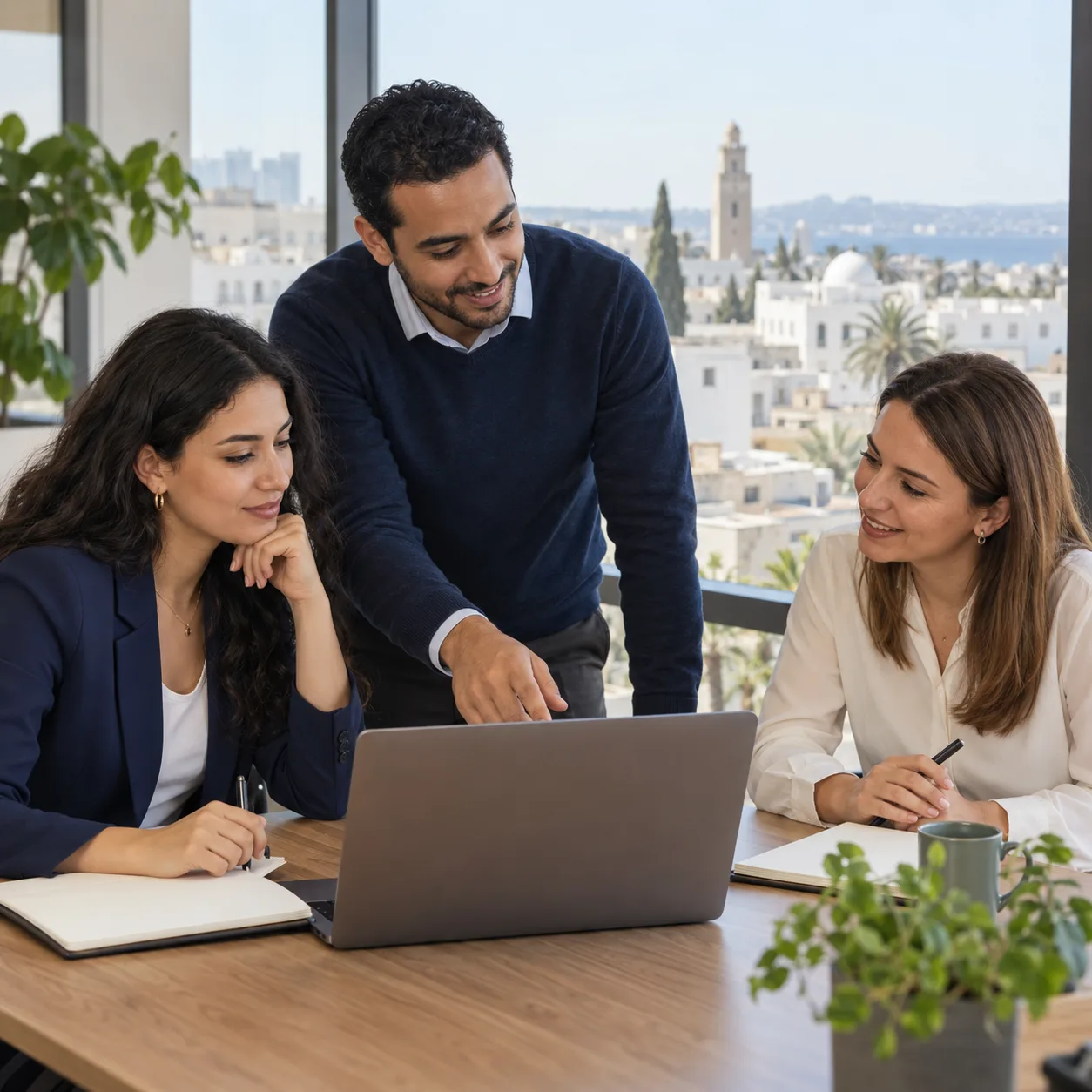 Three professionals discussing a hiring plan in an office in Tunis