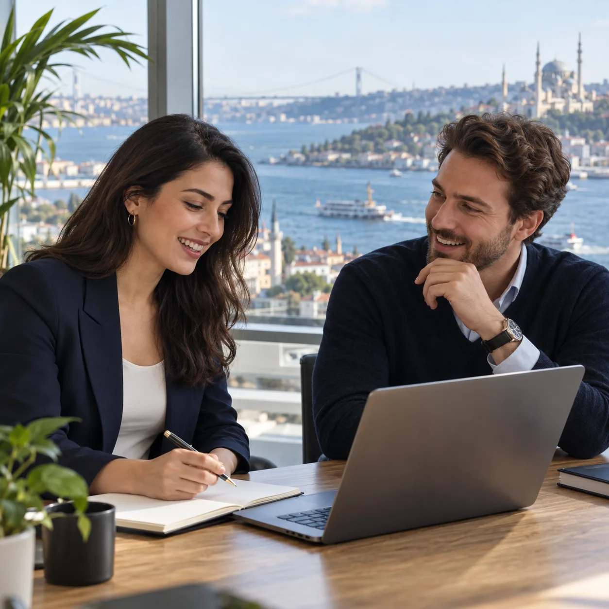 Two professionals discussing a hiring plan in an office in Istanbul