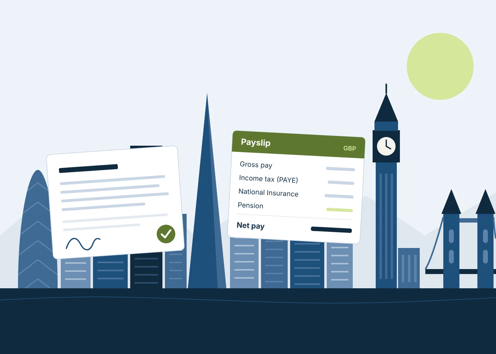 Illustration of the London skyline with an employment contract and a UK payslip in pounds sterling