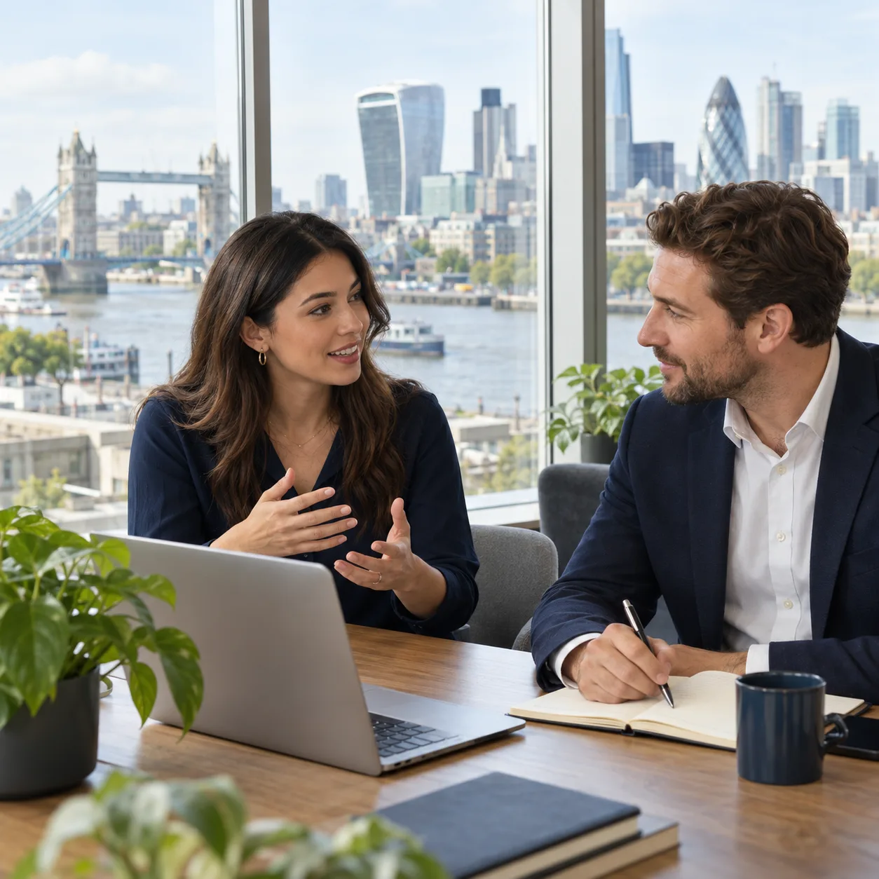 Two professionals discussing a hiring plan in an office in London