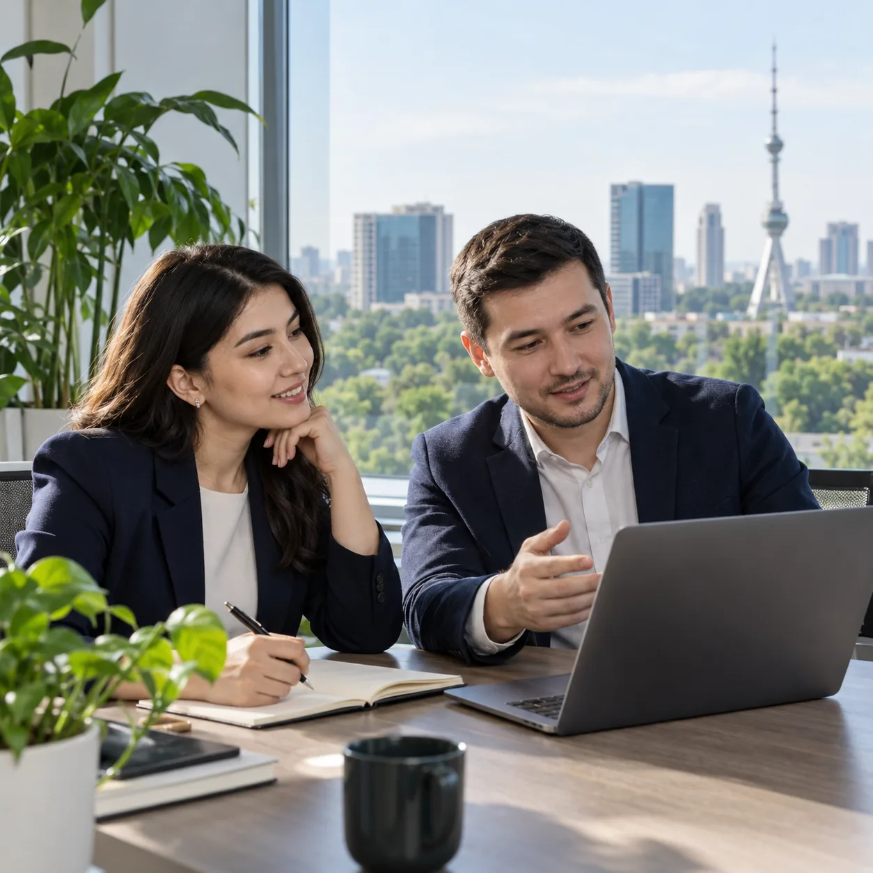 Two professionals discussing a hiring plan in an office in Tashkent