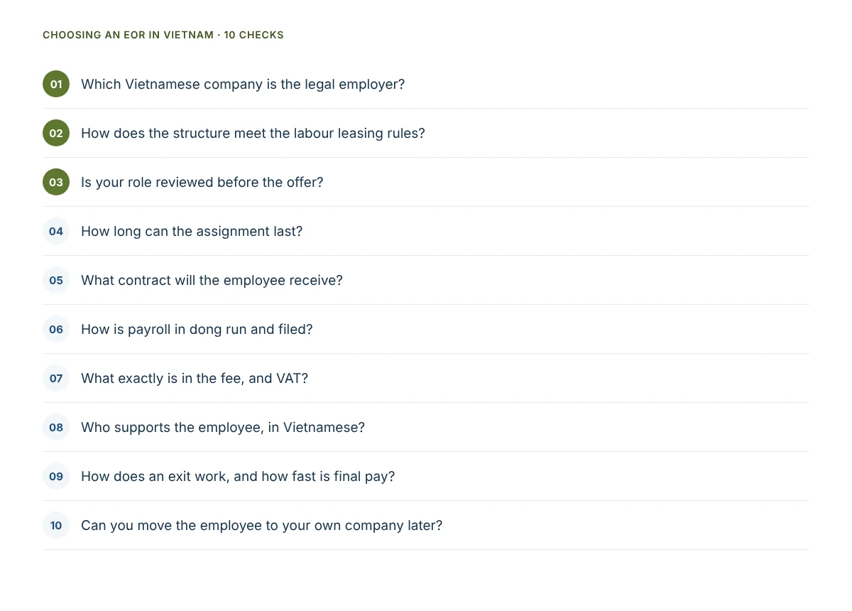 Checklist of ten questions to ask an employer of record provider in Vietnam, from the legal employer and the labour leasing rules to payroll, fees and exit